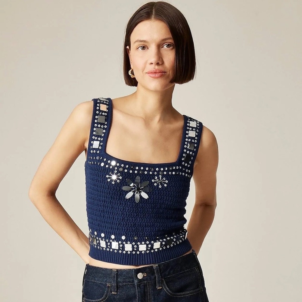 J. Crew NWT Navy Hand Embellished Mirror Sweater Tank Top Cotton Crochet Large